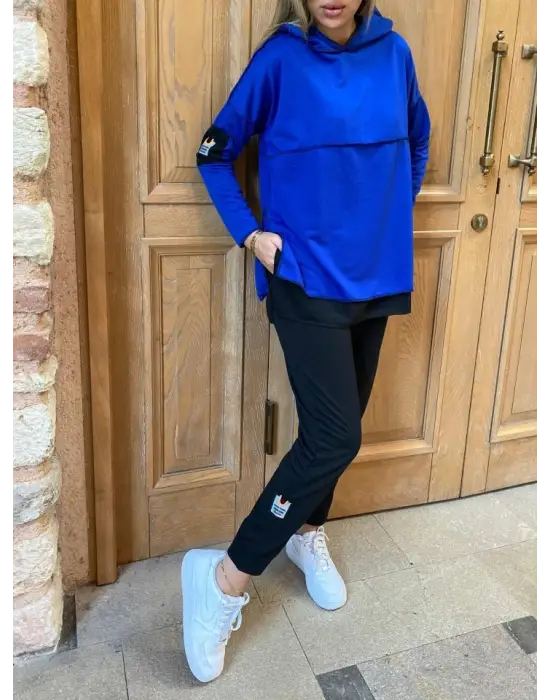 Kadın Kapşonlu Etek Ucu Detay Armalı Ters Dikiş Gorunumlu Ikili Takım