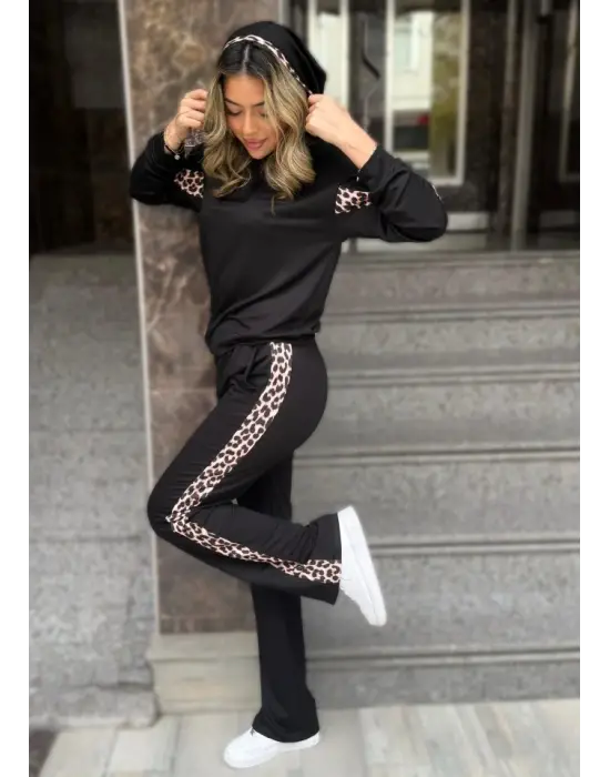 Kadın Kapüşonlu Leopar Detay Sweat Ve Yüksek Bel Yanları Leopar şeritli Bol Paça Pantolon Ikili Takım