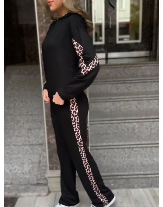 Kadın Kapüşonlu Leopar Detay Sweat Ve Yüksek Bel Yanları Leopar şeritli Bol Paça Pantolon Ikili Takım
