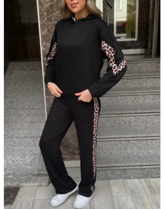 Kadın Kapüşonlu Leopar Detay Sweat Ve Yüksek Bel Yanları Leopar şeritli Bol Paça Pantolon Ikili Takım