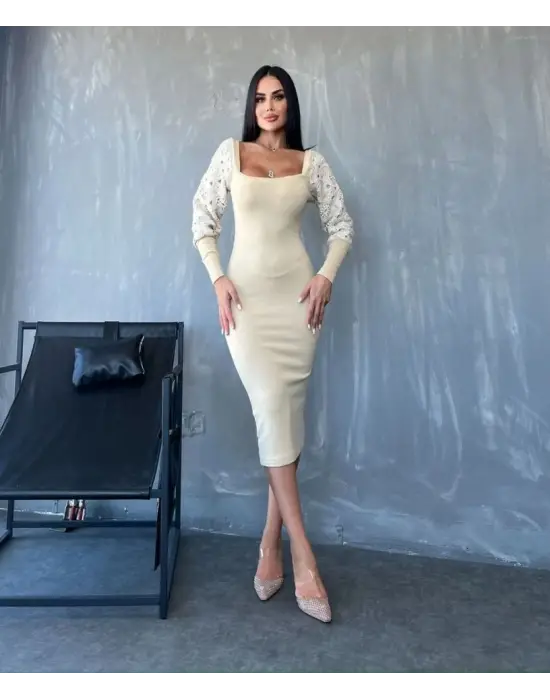 Kadın Kare Yaka Kolları Manşet Ve Tül Detay Fırsat ürün Midi Boy Elbise