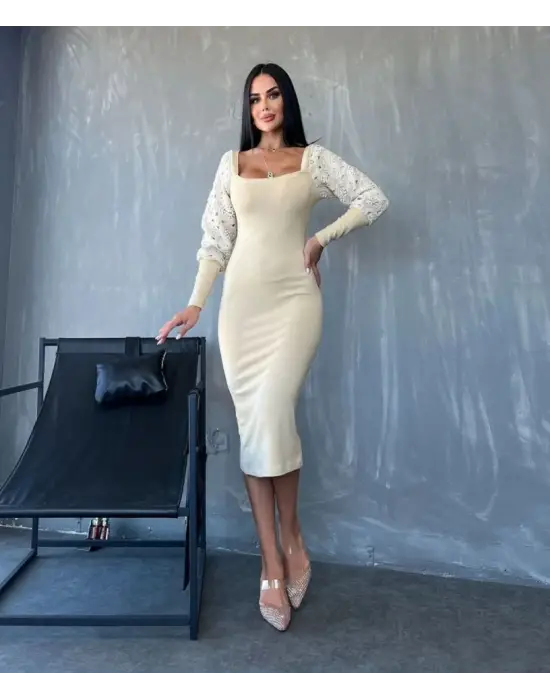 Kadın Kare Yaka Kolları Manşet Ve Tül Detay Fırsat ürün Midi Boy Elbise