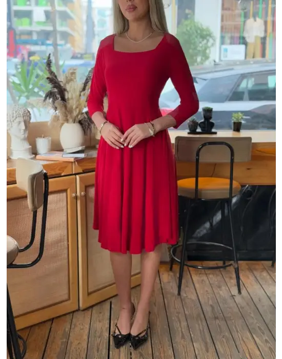 Kadın Kare Yaka Truvakar Kol Fırsat ürün Midi Boy Elbise