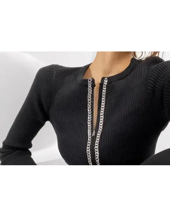 Kadın Kaşkorse Zincirli Çift Fermuarlı Bluz