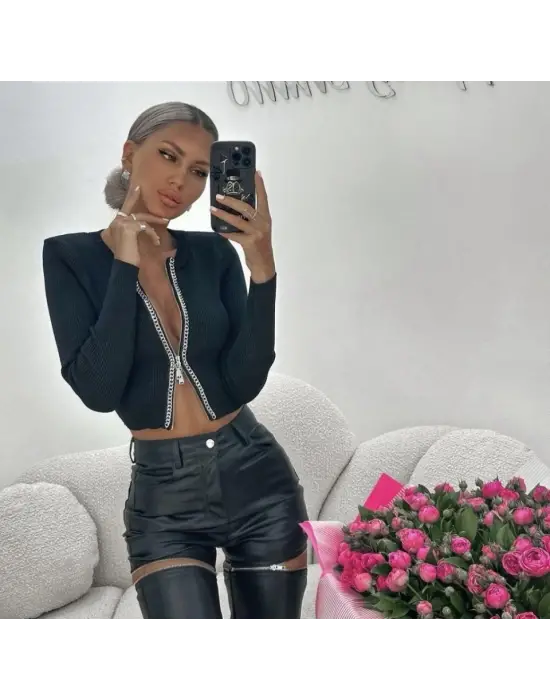 Kadın Kaşkorse Zincirli Çift Fermuarlı Bluz