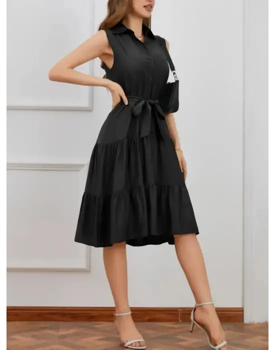 Omarı Sadece Düğmeli Beli Kuşaklı Katlı Elbise