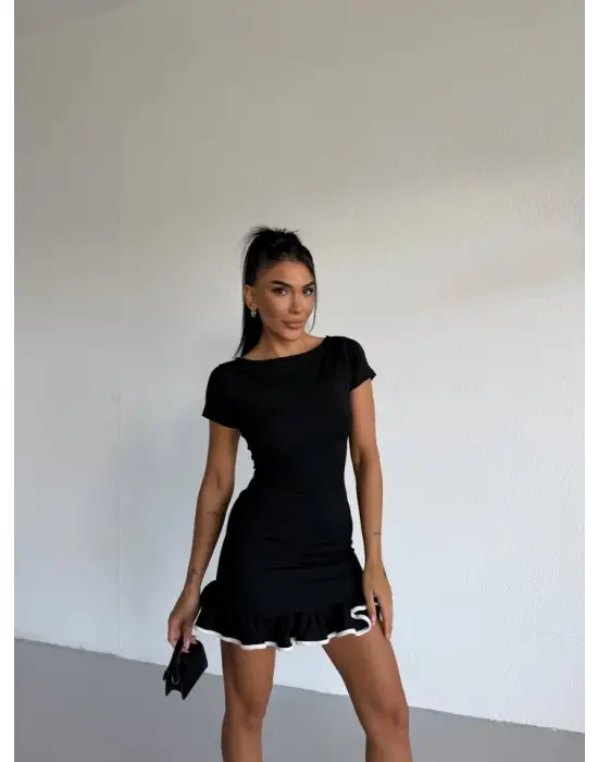 Kadın Kayık Yaka Kısa Kollu Eteği Olan Detay Dalgıç Kumaş Mini Elbise