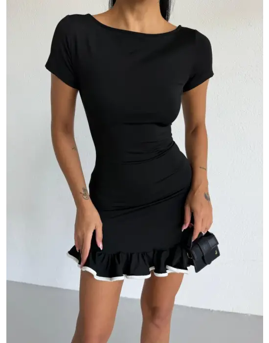 Kadın Kayık Yaka Kısa Kollu Eteği Olan Detay Dalgıç Kumaş Mini Elbise