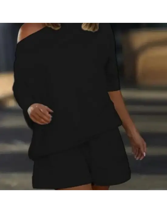 Kadın Kayık Yaka Salaş Iki Iplik Bluz Ve şort Ikili Takım