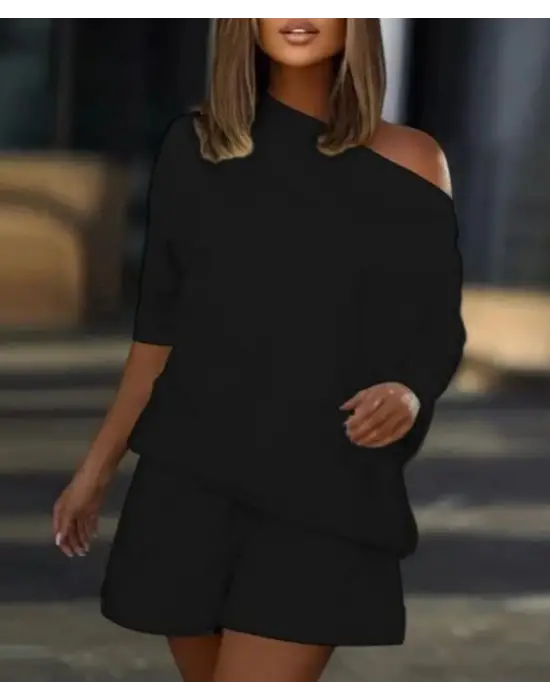 Kadın Kayık Yaka Salaş Iki Iplik Bluz Ve şort Ikili Takım