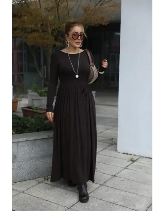 Kadın Kayık Yaka Sırt Dekoltesi Ve Yırtmaç Detay Maxi Boy Elbise