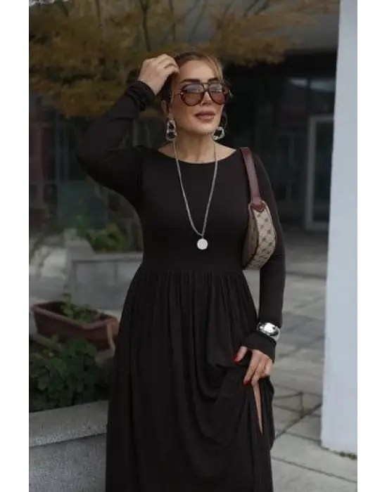 Kadın Kayık Yaka Sırt Dekoltesi Ve Yırtmaç Detay Maxi Boy Elbise