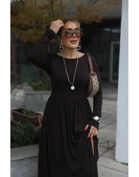 Kadın Kayık Yaka Sırt Dekoltesi Ve Yırtmaç Detay Maxi Boy Elbise