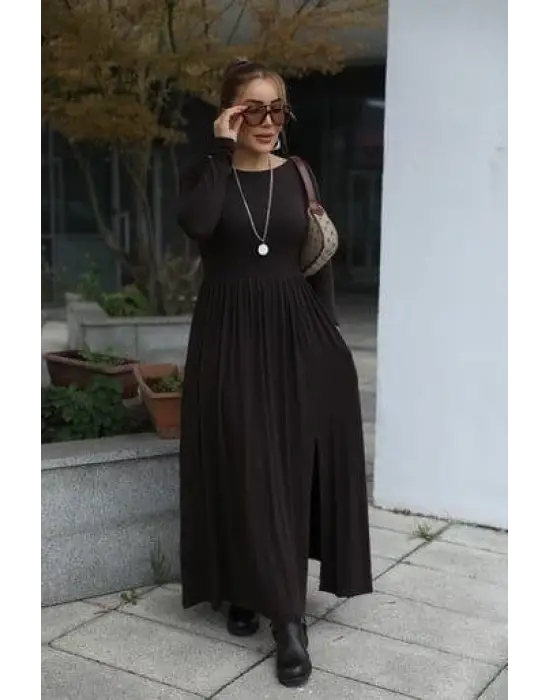 Kadın Kayık Yaka Sırt Dekoltesi Ve Yırtmaç Detay Maxi Boy Elbise