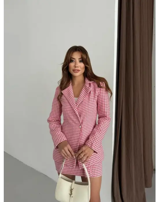 Kadın Kaz Ayağı Desenli Kemerli, Astarlı Vatkalı Ceket 3 Lü Takım