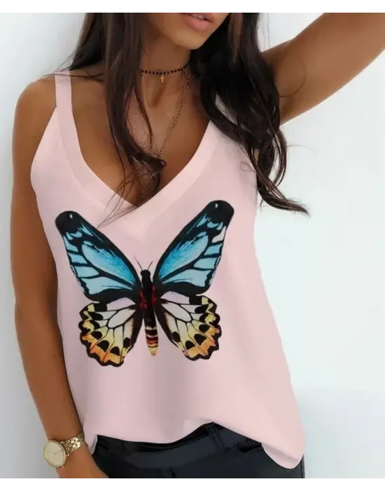 Kadın Kelebek Baskılı Sandy Kumaş Askılı Bluz