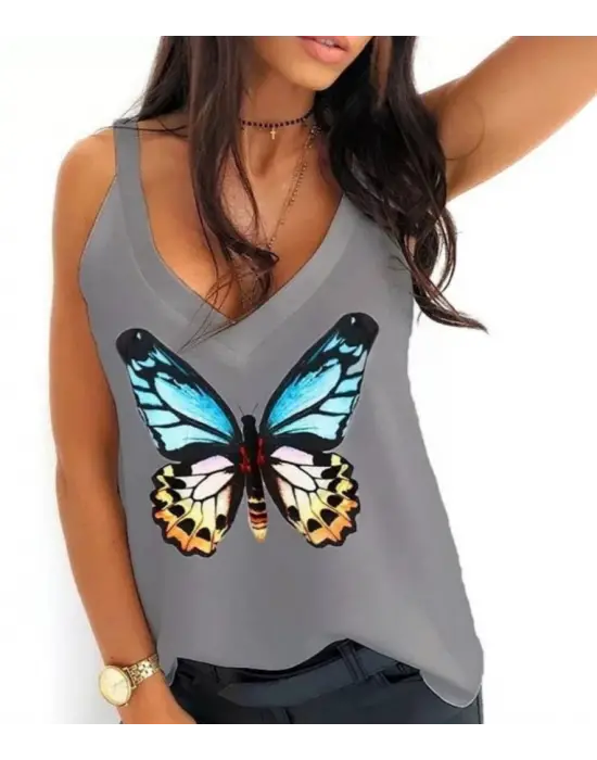 Kadın Kelebek Baskılı Sandy Kumaş Askılı Bluz