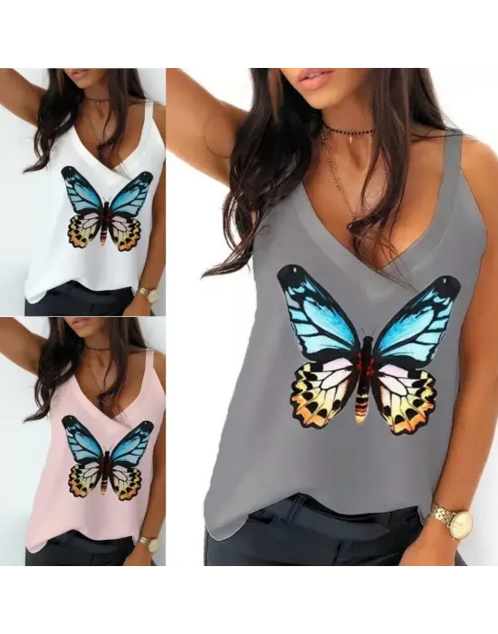 Kadın Kelebek Baskılı Sandy Kumaş Askılı Bluz