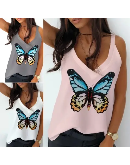 Omarı Renkli Kelebek Desenli Kumaş Askılı Bluz