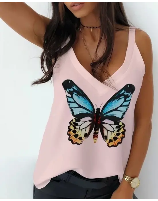 Omarı Renkli Kelebek Desenli Kumaş Askılı Bluz