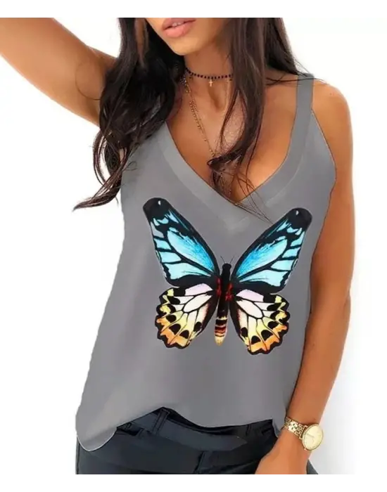 Kadın Kelebek Baskılı Sandy Kumaş Askılı Bluz