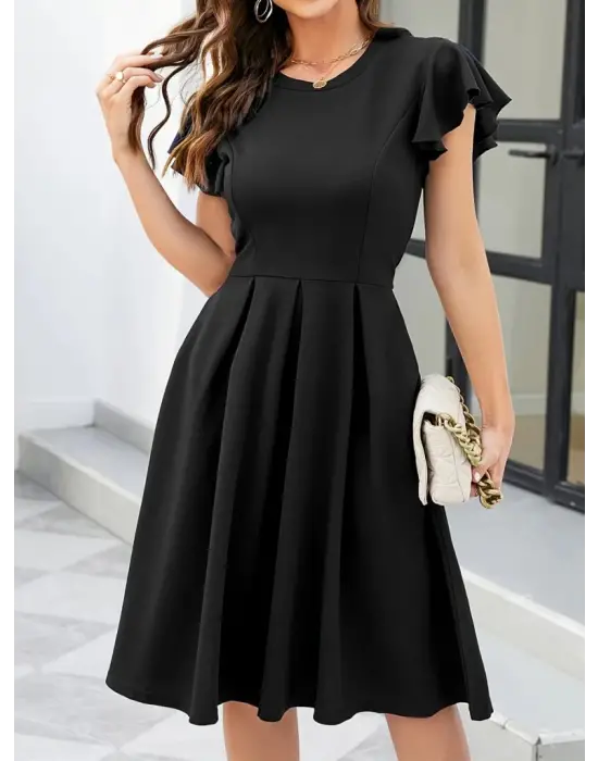 Omarı Kadın Kelebek Kollu Pileli Krep Elbise