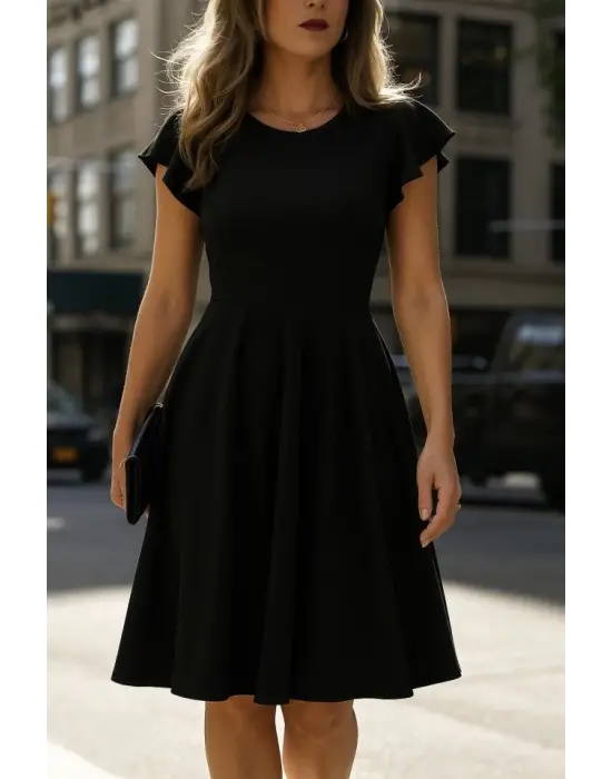 Kadın Kelebek Kollu Bisiklet Yakalı Pileli Ithal Krep Elbise