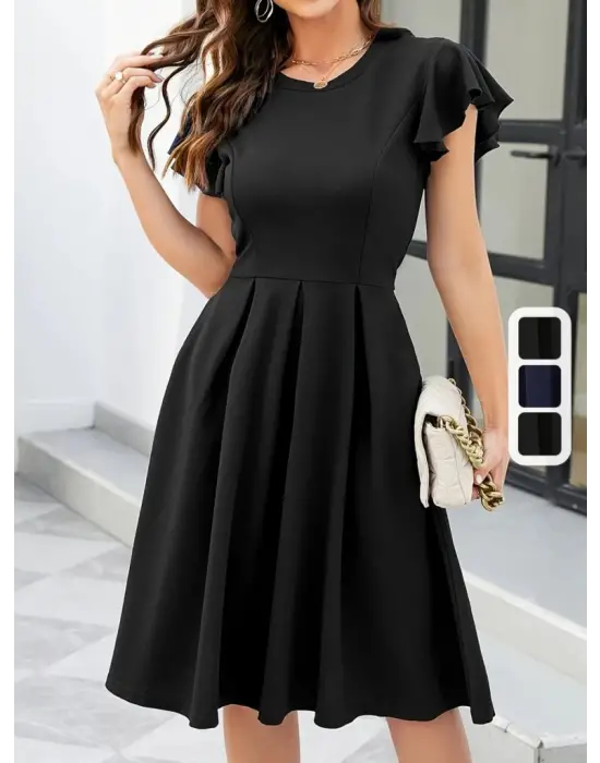 Omarı Kadın Kelebek Kollu Pileli Krep Elbise