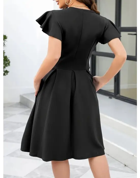 Omarı Kadın Kelebek Kollu Pileli Krep Elbise