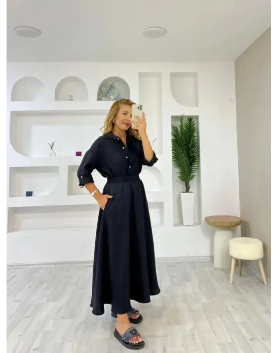 Kadın Keten Kumaş Gömlek Ve Etek Ikili Takim