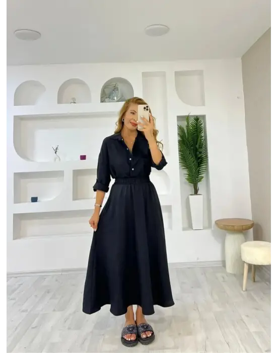 Kadın Keten Kumaş Gömlek Ve Etek Ikili Takim