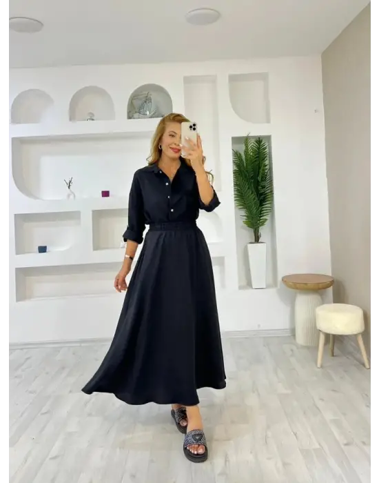 Kadın Keten Kumaş Gömlek Ve Etek Ikili Takim