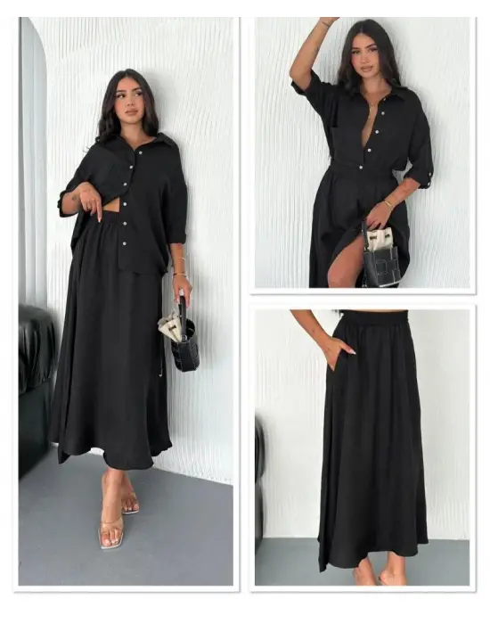 Kadın Keten Kumaş Gömlek Ve Etek Ikili Takim