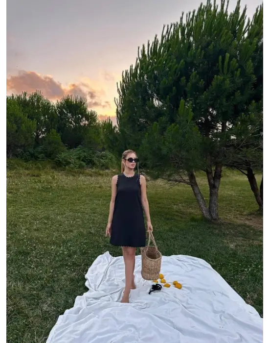 Kadın Keten Kumaş Kolsuz Mini Boy Elbise