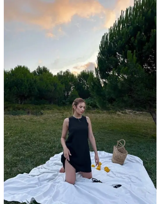 Kadın Keten Kumaş Kolsuz Mini Boy Elbise