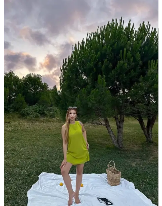 Omarı Keten Kumaş Kolsuz Mini Boy Elbise