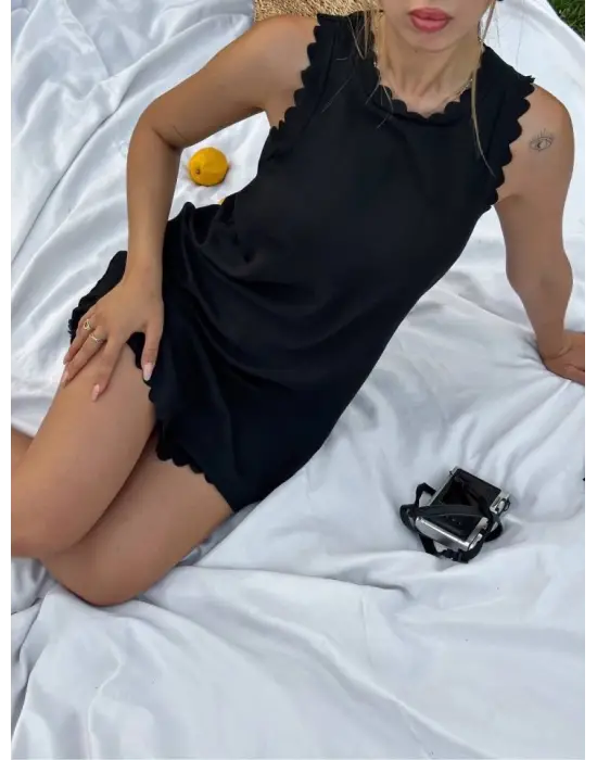 Kadın Keten Kumaş Kolsuz Mini Boy Elbise