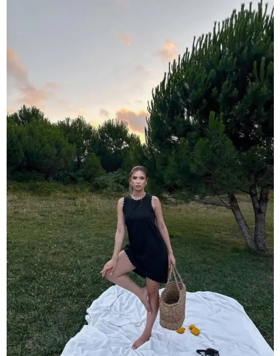 Kadın Keten Kumaş Kolsuz Mini Boy Elbise