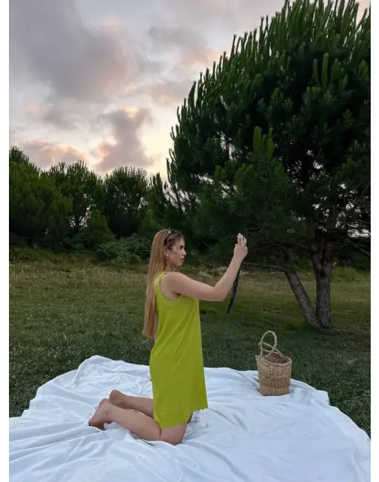 Omarı Keten Kumaş Kolsuz Mini Boy Elbise