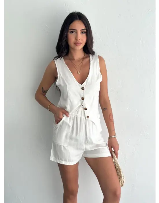 Şık Kadın Keten Şort Yelek Takım