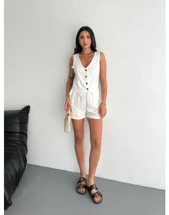 Şık Kadın Keten Şort Yelek Takım