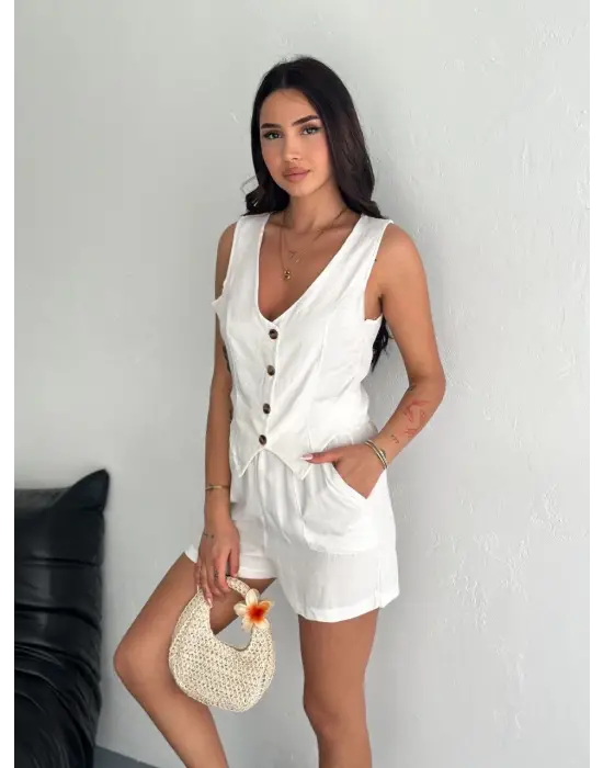Şık Kadın Keten Şort Yelek Takım