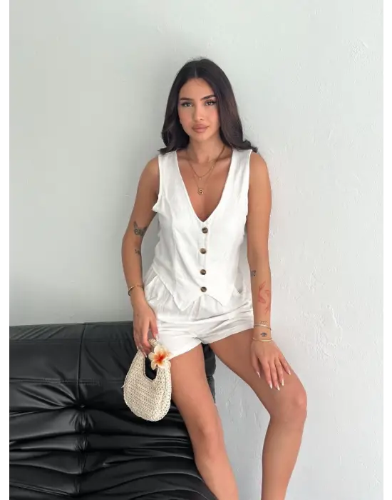 Şık Kadın Keten Şort Yelek Takım