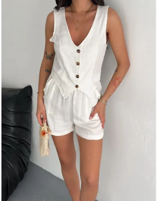 Şık Kadın Keten Şort Yelek Takım