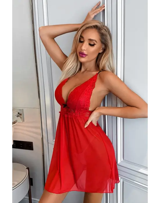 Omarı Elegant Kırmızı Dantel Fantazi Gecelik