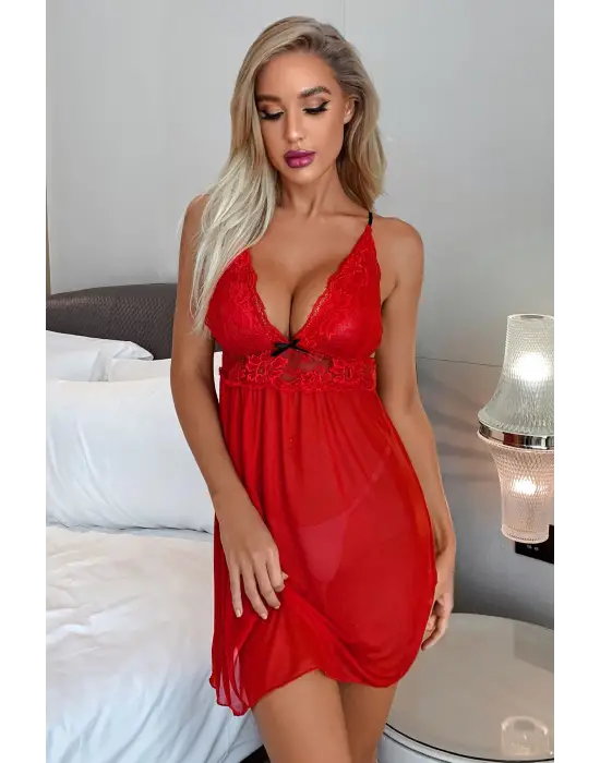 Omarı Elegant Kırmızı Dantel Fantazi Gecelik