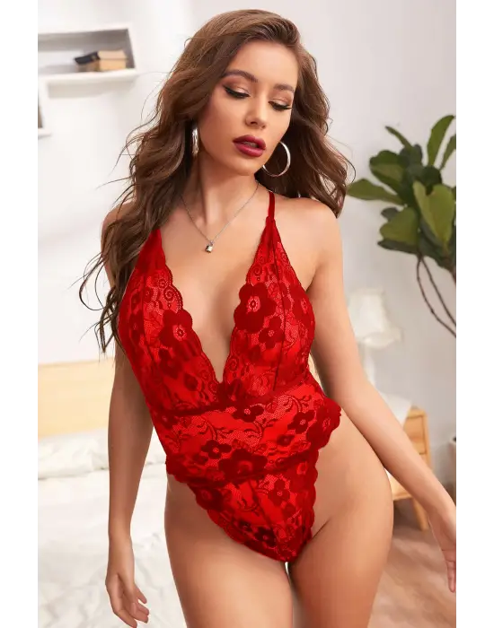 Omarı Etkileyici Kırmızı Dantel Babydoll