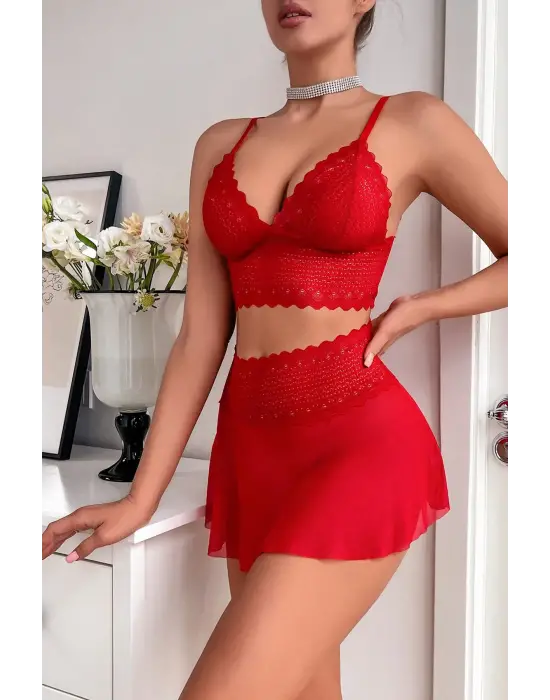 Kadın Kırmızı Dantel ve Tül Detaylı Etekli Şık Gecelik Takımı