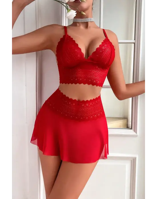 Kadın Kırmızı Dantel ve Tül Detaylı Etekli Şık Gecelik Takımı