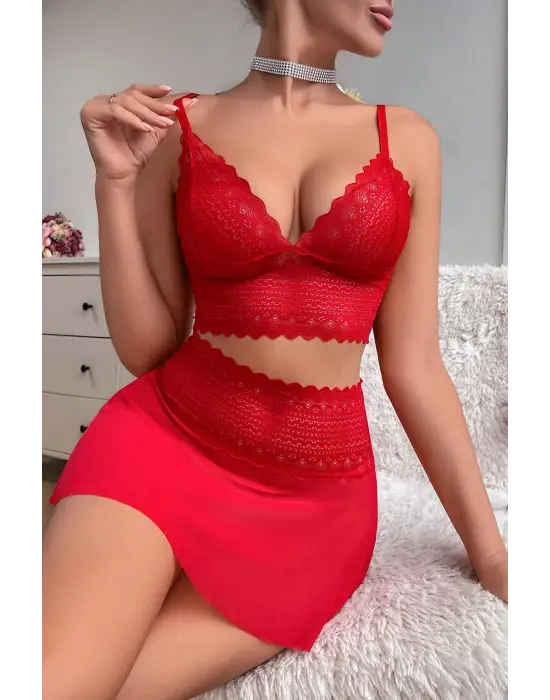 Kadın Kırmızı Dantel ve Tül Detaylı Etekli Şık Gecelik Takımı